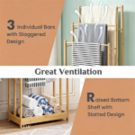  Solid Bamboo Freestanding Towel Rack with 3 Staggered Hanging Bars & Slatted Bottom Storage Shelf, Waterproof Bathroom Towel Drying Holder with Side Stabilizer Bars Rounded Edges Natural Wood Finish - Image 5