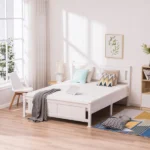 Queen Single Bunk Bed Painted + Melamine Veneer & Pine + MDF Bed Frame Vertical Striped Decorative Bed Frame 63.78*83.46*37.8in White - Image 30
