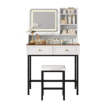 Makeup Vanity with LED Lighted Mirror, 360° Rotatable Mirror, Vanity Desk with 2 Drawers,Power Outlet and 3-Tier Shelves, Amber Glass Table Top, Dressing Table with Sturdy Metal Leg and Stool, White