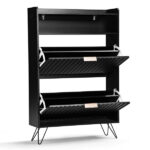 Shoe cabinet with slatted front panel and side panels, two compartments with top flip-up lids, two hooks, and high legs. Particleboard cabinet body, MDF vacuum-formed doors. 80*24*120cm, Black - Image 2