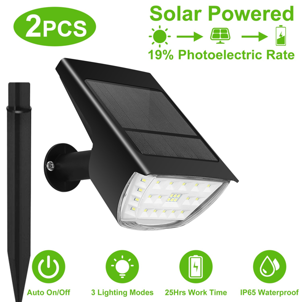 Solar Powered Outdoor Spotlight 32 High Brightness LED 800LM Output, Day Night Auto Switch 3 Brightness Levels Adjustable Panel Two Installation Methods ABS Housing for Yard Patio Path Garage Driveway