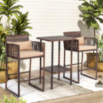 Outdoor 3 Piece Patio Bar Set, Bar Height Bistro Table Set for 2 People, High Top Wicker Bar Stools and Table Outdoor Bar Set with Cushions and Pillows, Brown Gradient Rattan & Beige Cushion - Image 10