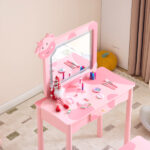 Pink MDF + solid wood legs, spray paint + silkscreen printing, cow pattern, 1-drawer children's dressing table set, LED three-color backlit touch switch - Image 3