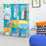4-Layer 12-Grid 2-Hanging Rod Magic Cube Wardrobe, Plastic + Steel Wire Material with Animal Pattern, Pattern Door Blue Cabinet - Image 2