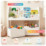 3-Tier Kids Bookshelf Toy Storage Organizer with 2 Rolling Drawers, Rounded Corner Anti-Tipping Toddler Bookcase Engineered Wood for Playroom Bedroom Nursery Classroom - White - Image 7