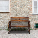 Replace 28138436 Rustic 2-Person Wooden Wagon Wheel Bench with Slatted Seat and Backrest, Brown - Image 10