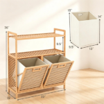 32 Inch Double Compartment Bamboo Laundry Organizer Freestanding Cabinet, Raised Guardrail Top Shelf Rounded Corner Dirty Clothes Bin Separate Light Dark Clothes Storage Natural Finish - Image 3