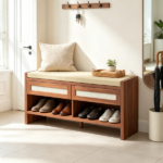 Brown 3-Tier Shoe Storage Bench – Cushioned Seat, 2 Rattan Drawers and Bottom Open Shelf - Image 4