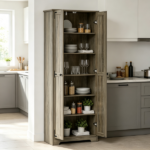 Distressed Gray 67" Tall Farmhouse Food Pantry – Freestanding Cabinet with Multi-Level Adjustable Shelves
