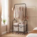 3-in-1 Rolling Clothes Rack with Storage Basket & Hooks, Metal Garment Rack for Laundry Bedroom - Black - Image 3