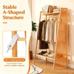 Natural Bamboo Clothing Rack, Multi-Layer Garment Organizer with Top & Bottom Storage Shelves, Side Hooks Hanging Rod, Stable A-Shape Structure Anti-Toppling Device 88LBS Capacity Freestanding Storage Rack for Bedroom Entryway - Image 6