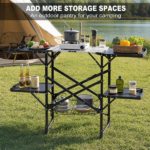 Foldable Aluminum Camping Kitchen Table Heat Resistant Slatted Tabletop, 4 Foldable Side Trays Mesh Storage Rack Hanging Hooks 154lbs Load Capacity Built-In Carry Handle for Campsite Park Travel - Image 2