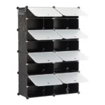 4-Tier Shoe Rack with Side Hooks, 32-Pair Capacity Sturdy Metal Frame Storage Organizer, White&Black Plastic Panel Shelf for Entryway, Bedroom&Dressing Room Black(Shipment from Walmart)