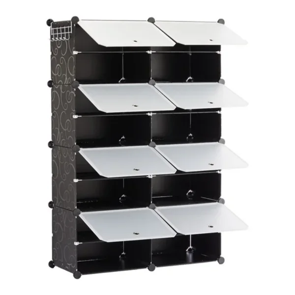 4-Tier Shoe Rack with Side Hooks, 32-Pair Capacity Sturdy Metal Frame Storage Organizer, White&Black Plastic Panel Shelf for Entryway, Bedroom&Dressing Room Black(Shipment from Walmart)