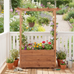Natural Pine Wood Raised Garden Bed with Trellis & Hanging Roof, Elevated Wooden Planter Box with Drainage- Orange - Image 3