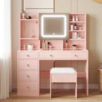 LED Tri-Color Lighting Dressing Table Set Particleboard with Textured Melamine Finish Dressing Table with Power Strip 5-Drawer Dressing Table with Shelves and Hooks 47.24*15.75*53.54in Apple Pink - Image 6