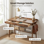 Solid Wood Writing Desk, Home Office Desk for Small Spaces, Mid Century Modern Desks with 2 Drawers & Storage Shelf, Standing Desk with Side Hooks for Study, Bedroom, Office (Walnut) - Image 10
