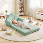 2-in-1 Flip Open Kids Sofa Lounger, Teddy Fleece Toddler Couch with Carry Handle for Ages 3+ (Green) - Image 9