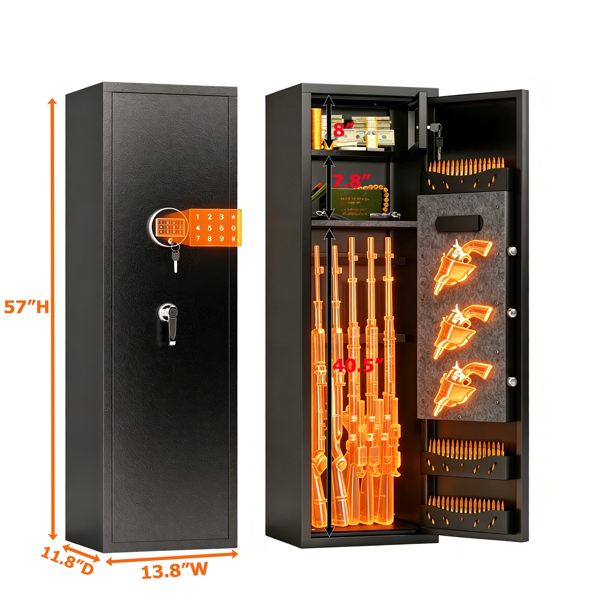 57" High Large Capacity Mechanical Gun Safe for Rifles & Handguns, Digital Password Lock, Built-In Independent Lock Box, Adjustable Shelves, Pre-Assembled No Assembly Required