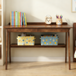 Solid Wood Writing Desk, Home Office Desk for Small Spaces, Mid Century Modern Desks with 2 Drawers & Storage Shelf, Standing Desk with Side Hooks for Study, Bedroom, Office (Walnut) - Image 16
