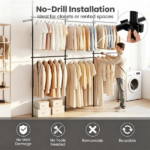 No Drill Floor to Ceiling Tension Clothes Rack, Heavy Duty Carbon Steel Garment Organizer with 4 Vertical Rods 6 Telescopic Hanging Bars, I/L/45° Corner Install Closet System with Drying Rack & Reacher Pole Black - Image 9