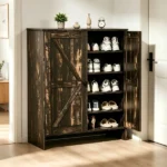 2-Door Barn Door Shoe Cabinet Made of Triamine Particleboard Black Square Shoe Cabinet with Single-Hole Handle 31.61*14.21*36.42in Black Oak