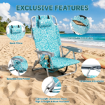 1 PCS Aluminum Beach Chair, 8.5 Inch Seat Height Teal Tribal Pattern, Adjustable Folding Chair with Headrest, Shoulder Strap, 2-in-1 Cup Holder Side Pocket, Back Cooler Bag, Integrated Oxford Fabric with Crossbar, 5 Positions Reclining Lounger, 63x109x84cm, Load Capacity 120KG - Image 6