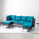 2 pcs armless sofa + 2 pcs corner sofa + 2 pcs footstool iron legs black rattan peacock green cushions woven rattan multi-piece set - Image 12