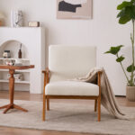 Solid Wood Armrest Teddy Velvet Simple Single Indoor Lounge Chair Backrest Creamy-White - Image 16