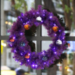 24in Pre-lit Halloween-Themed Christmas Wreath, Lighted Artificial Xmas Wreath with 50 Purple & Orange Lights and 100 PVC Tips and DIY Ball Ornaments, for Front Door Gate Wall Xmas Party Decorations - Image 3
