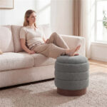 Round Rotating Storage Footstool with Solid Wood Frame, No Assembly Required Makeup Chair with 5.5 Gal Storage-Gray - Image 6