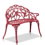 Outdoor Cast Aluminum Patio Bench, Porch Bench Chair with Curved Legs Rose Pattern, Red - Image 12