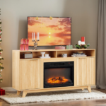 Oak Fireplace TV Stand with 23 Inch Insert, Double Grid Doors, Gold Handles & 2 Shelves, Media Console 58 x 13.6 x 32 Inch - Image 7