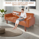 Modern PU Leather Futon Sofa with Tufted Backrest, Adjustable Reclining Couch with Wood & Metal Legs, Mid-Century Style Sofa for Living Room - Image 6