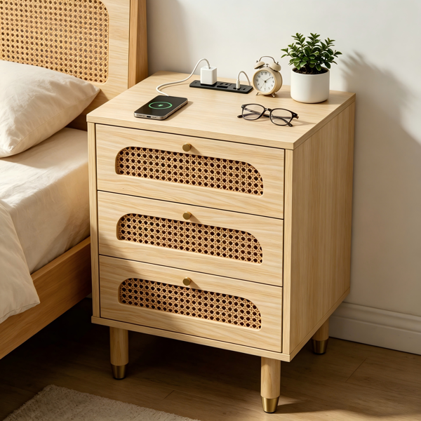 40f1e935-f0f6-423b-948e-6cec8461f630.png 3-Drawer Nightstand with Rattan-Style Finish 15.75"*13.78"*23.82" with Power Outlet Oak - Image 1