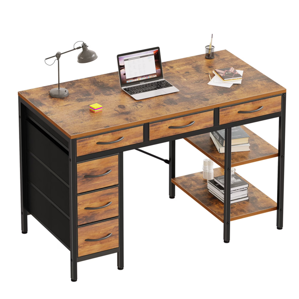 411765aa-66a4-4be4-b357-9679d73a8ddd.png 47 Inch Computer Desk with Fabric Drawers & Storage Shelves,Small Home Office Desk Study Table for Home office Bedroom,Rust - Image 1