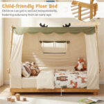 Twin Size Montessori House Floor Bed with Removable Canopy Tent, Solid Wood Kids Bed with Guardrails - Natural - Image 9