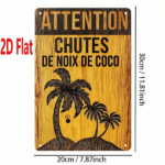 CIFbuy 1pc Rustic Palm Tree & Coconut Hut Iron Metal" Metal Sign, ATTENTION CHUTES DE NOIX DE COCO French Text Tropical Wall Decor, Text Tropical Wall Decor, 2D Flat Un Hut Iron MetalikTok, Hut Iron MetalikTok, t Self-pickup Logiopics - Image 2