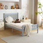 Twin Single-Layer Wooden Bed Vertical Decorative Strips Curved Headboard and Footboard Bed Frame Painted Pine Bed Frame 79.33*42.52*38.98in Grey - Image 13