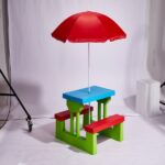 Kids Outdoor Table and Chair Sets with Removable Umbrella, Kids Picnic Table for Backyard Garden Patio, Red & Blue & Green - Image 2