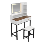 Makeup Vanity with LED Lighted Mirror, 360° Rotatable Mirror, Vanity Desk with 2 Drawers,Power Outlet and 3-Tier Shelves, Amber Glass Table Top, Dressing Table with Sturdy Metal Leg and Stool, White - Image 5