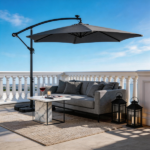 10FT Round Banana Hanging Patio Umbrella with 18 LED Lights, 6 Iron Ribs, Iron Straight & Curved Pole, Waterproof Polyester Canopy, with Stand Sleeve and Cross Base, Gray - Image 29