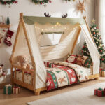 Twin Size Montessori House Floor Bed with Removable Canopy Tent, Solid Wood Kids Bed with Guardrails - Natural - Image 2