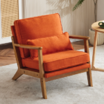 Mid-Century Modern Accent Chair with Wooden Frame - Oak Armrest, Linen-Cotton Burnt Orange Upholstery, Single Seater Lounge Chair for Living Room (Weight Capacity 330LBS) - Image 18