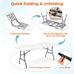 White 71 Inch Portable Foldable Camping Table, HDPE Waterproof Easy Clean Plastic Outdoor Table with Lockable Metal Legs, Half Fold Design Compact Storage Utility Table for Picnic Wedding Backyard Event - Image 3