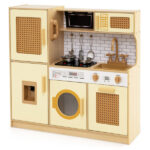 Kids Wooden Kitchen Playset 3+ with Fridge Sink Washing Machine with Realistic Light Sound Rattan Doors - Yellow - Image 3