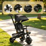 Black Foldable Toddler Trike 1-5Y – Travel-Friendly with Storage, Reversible Seat, Safety Harness for Road Trips - Image 5