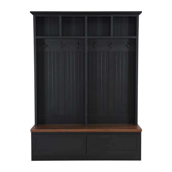 Farmhouse 4-in-1 Hall Tree with Wood Grain Bench, Mudroom Versatile Coat Rack with 2 Large Drawer, Entrance Organizer for Hallway, Living Room, Black, 55.9"W