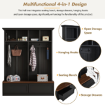 Farmhouse 4-in-1 Hall Tree with Wood Grain Bench, Mudroom Versatile Coat Rack with 2 Large Drawer, Entrance Organizer for Hallway, Living Room, Black, 55.9"W - Image 8