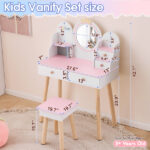 White and pink crown element, MDF + particleboard + solid wood legs, painted and melamine laminated, 4-drawer children's dressing table set - Image 7